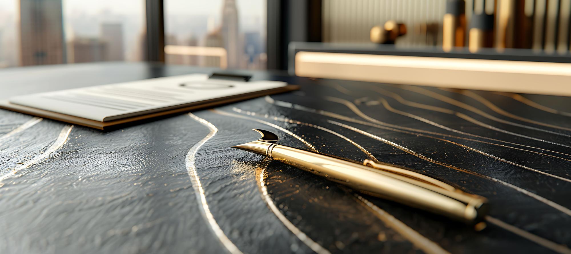 Elegant office desk with financial documents and pen